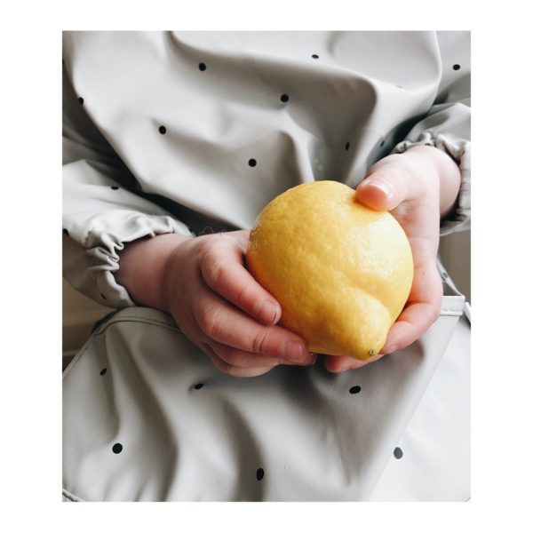 Child with dot grey smock bib holding a lemon