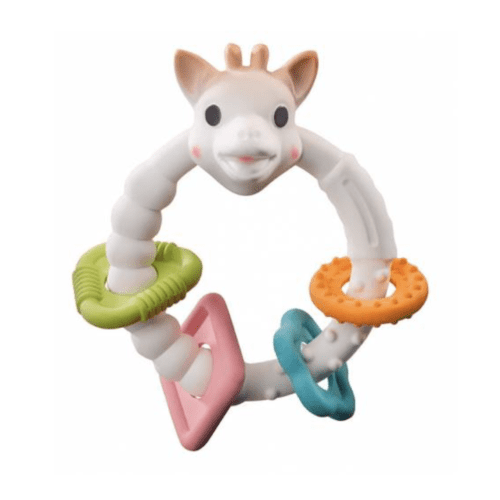 Sophie the Giraffe Colo'rings white teether four colourful shapes around it