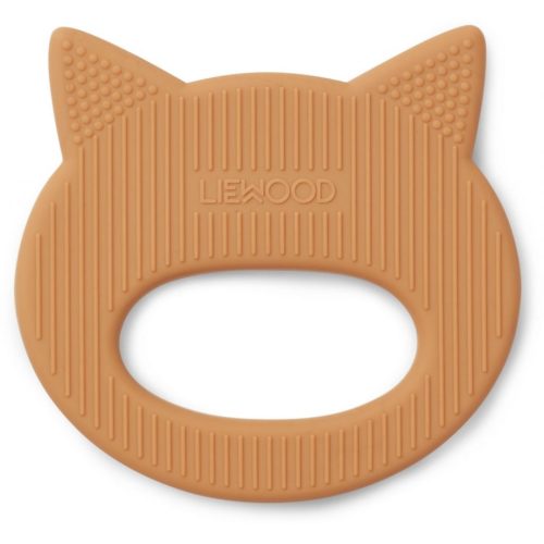 mustard cat baby silicone teething toy with various surfaces