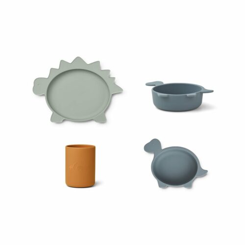 Blue Mix Dinosaur Shaped Silicone Plate, Bowls And Cup